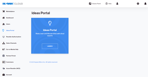 The Ideas Portal is visible after logging into your Cloud Marketplace account. 